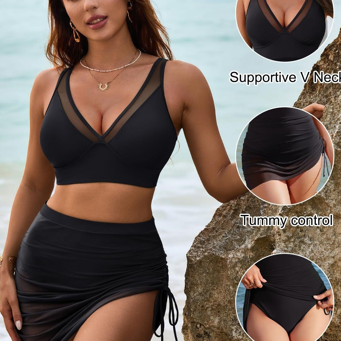 👙 Conjunto de Bikini de Cintura Alta para Mujer con Malla – Diseño Moderno, Ajuste Cómodo y Tela de Secado Rápido ☀️💦