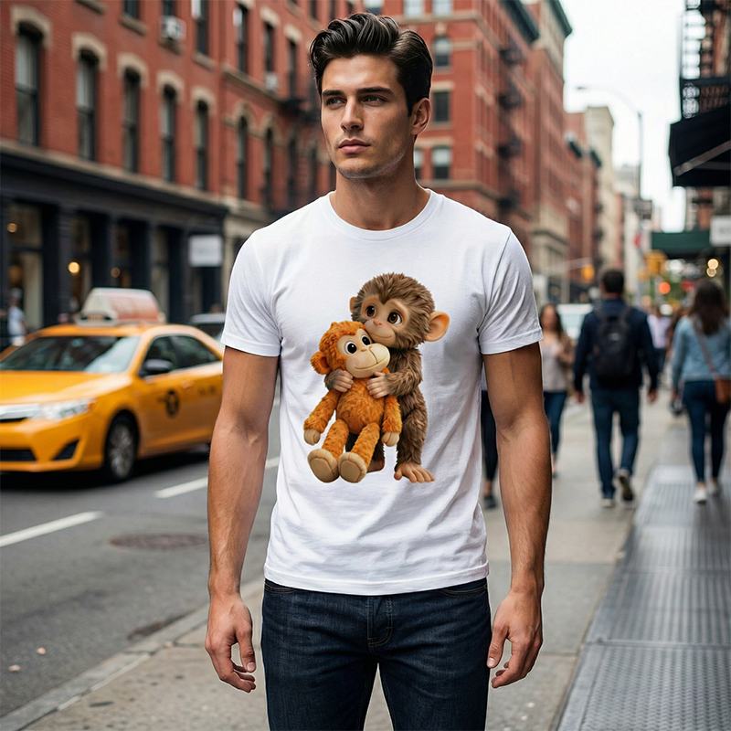 🥰 Camiseta gráfica unisex con diseño de mono abrazando juguete