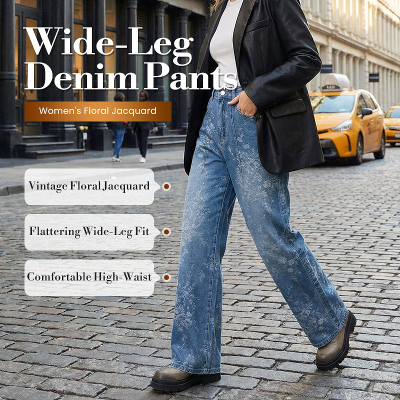 Pantalones vaqueros de pierna ancha con jacquard floral para mujer