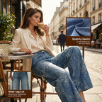 Pantalones vaqueros de pierna ancha con jacquard floral para mujer
