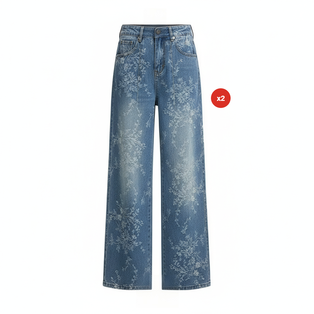 Pantalones vaqueros de pierna ancha con jacquard floral para mujer