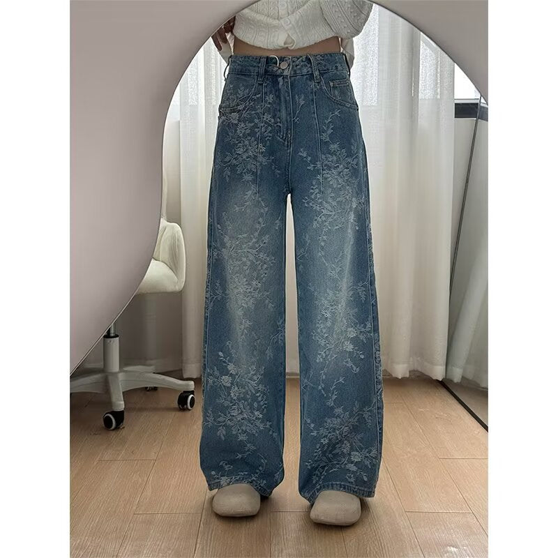 Pantalones vaqueros de pierna ancha con jacquard floral para mujer