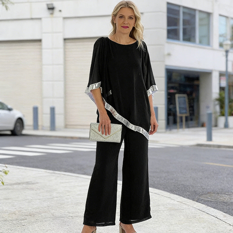 📢📢¡GRAN REBAJA! ⏰Set de top poncho elegante con ribetes de lentejuelas y pantalones anchos