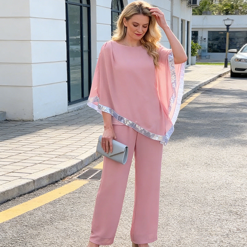 📢📢¡GRAN REBAJA! ⏰Set de top poncho elegante con ribetes de lentejuelas y pantalones anchos