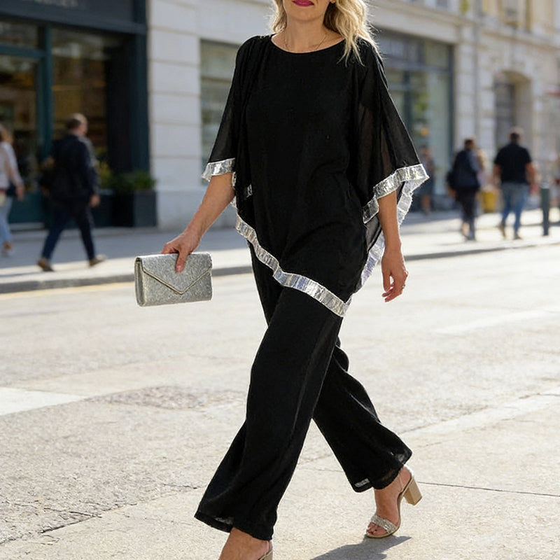 📢📢¡GRAN REBAJA! ⏰Set de top poncho elegante con ribetes de lentejuelas y pantalones anchos