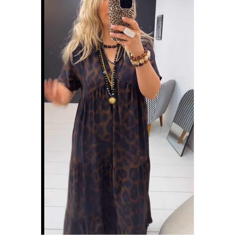 Vestido largo de mujer con cuello en V y estampado de leopardo